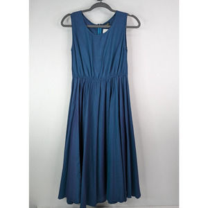Portobello One Size Sleeveless Indigo Pleated Midi Day Dress Cottagecore
